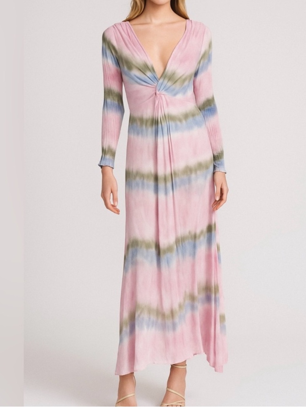 ✅ NWT Young Fabulous & Broke Twist-Front Pink Tie-Dye Maxi Dress long sleeve M